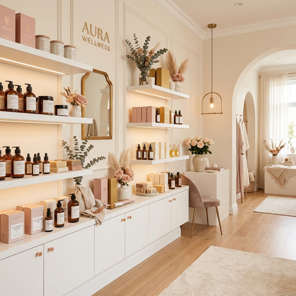 Espacio luminoso de Happy Girl con productos de bienestar sexual, iluminación cálida y decoración femenina